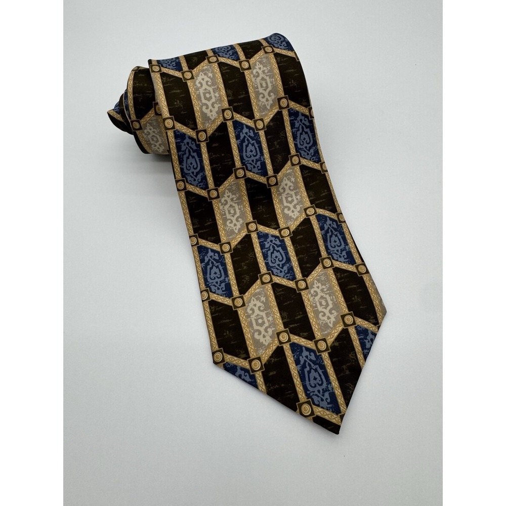 Bill Blass Silk Tie USA Made Brown Gold Blue Geometric Medallion Classic Necktie